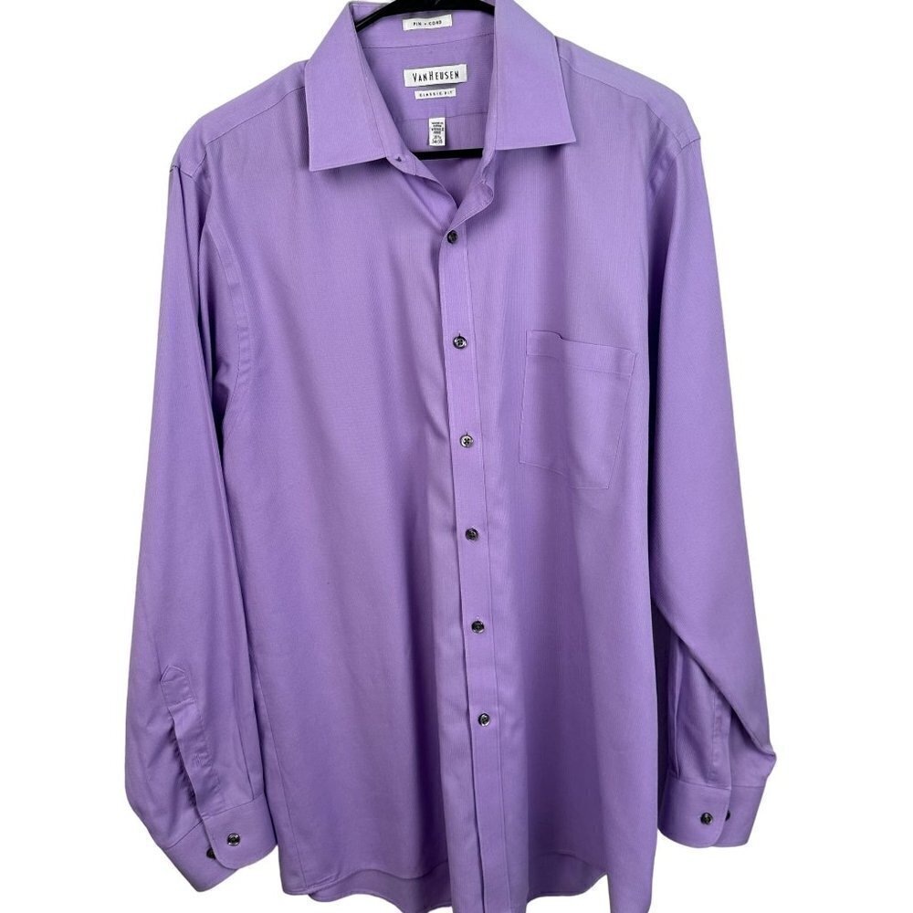 Van Heusen Mens Purple Pin Cord Classic Fit Wrinkle Free Dress Shirt 16.5 34/35